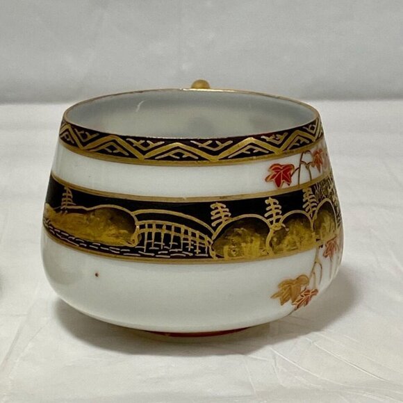 Japanese Lithophane Eggshell Fine Porcelain Red Gold Pagoda Geisha Girl (2) Cups - Picture 6 of 16